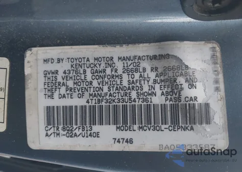 2003 Toyota Camry Le V6/Se V6/Xle V6 z USA, uszkodzony, nr VIN 4T1BF32K33U547361